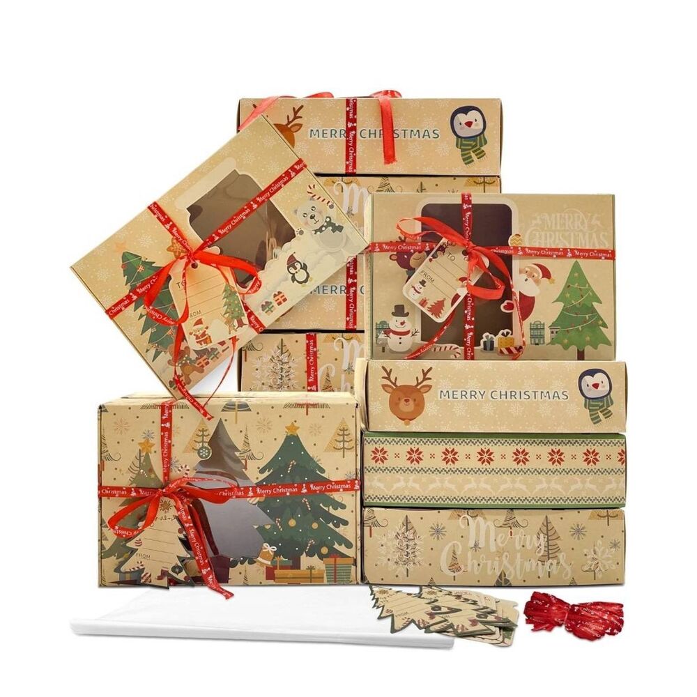Christmas Cookie Boxes 12-Pack Brown with Window Tags Ribbons Festive Holiday